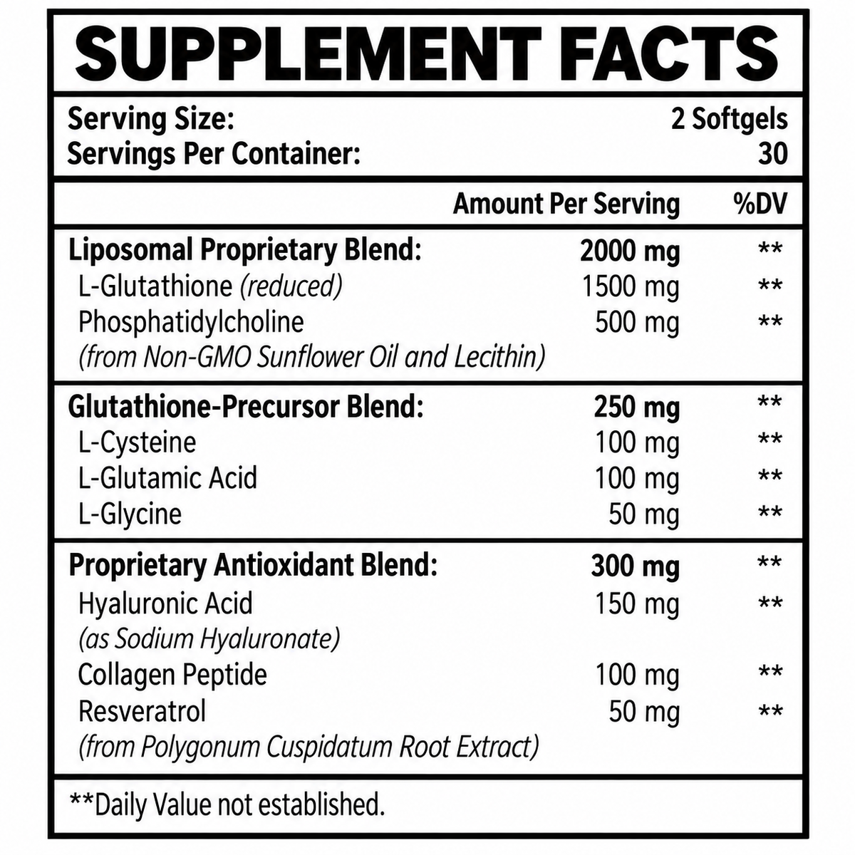 Supplement facts label: liposomal glutathione reduced, 2000 mg per serving