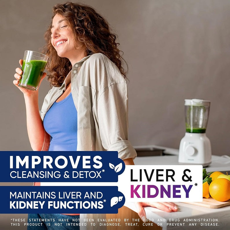 Liposomal glutathione supplement ad with woman holding a green drink and detox text