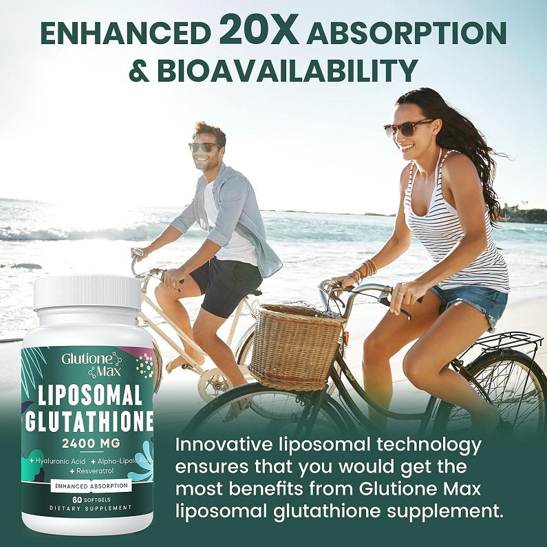 Liposomal glutathione supplement bottle with enhanced 20x absorption lifestyle scene