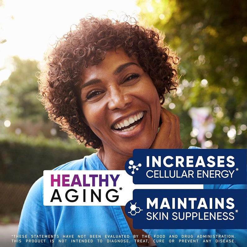 Liposomal glutathione supplement ad with smiling woman and healthy aging skin support text