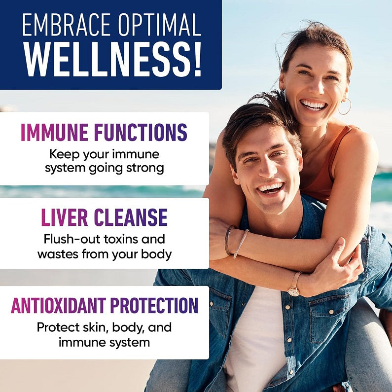 Liposomal glutathione supplement ad with two women and wellness benefits text