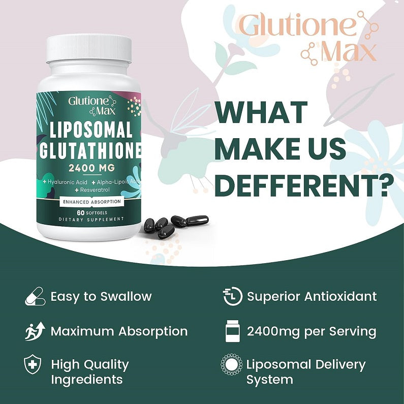 Liposomal glutathione 2400 mg supplement bottle with softgels and feature callouts
