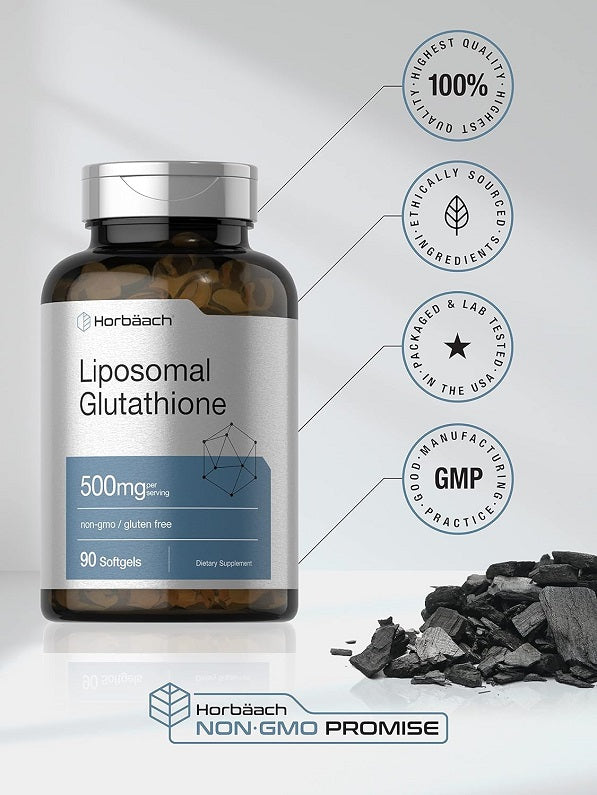 Horbaach liposomal glutathione softgels bottle, amber jar with black cap, 500 mg