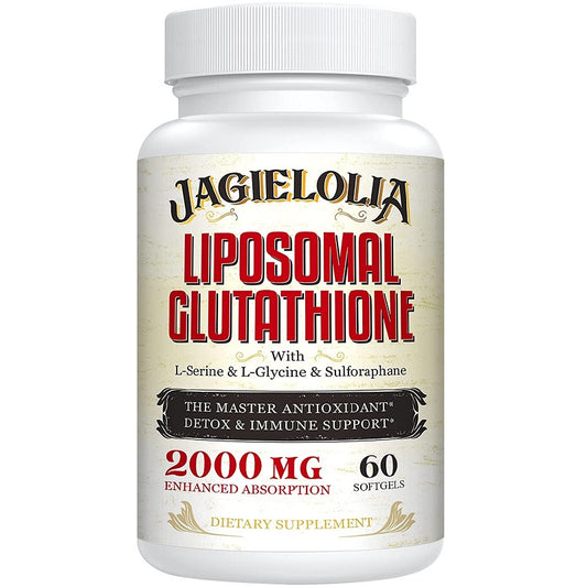 Jagielolia liposomal glutathione dietary supplement bottle, white label, 60 softgels