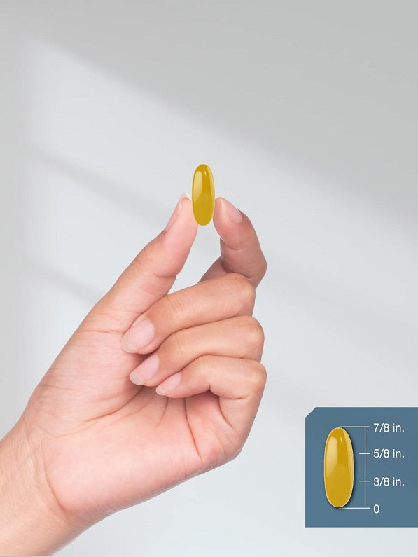 Single yellow oval liposomal glutathione softgel held in fingers