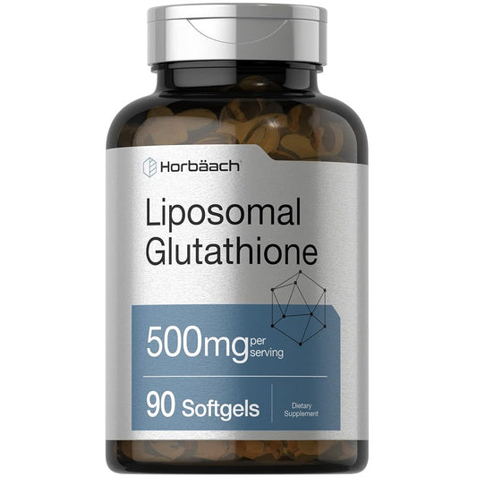 Liposomal glutathione softgels bottle label, 500 mg and 90 softgels