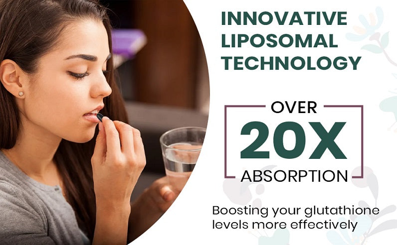 Woman holding glass with liposomal glutathione supplement, over 20x absorption text
