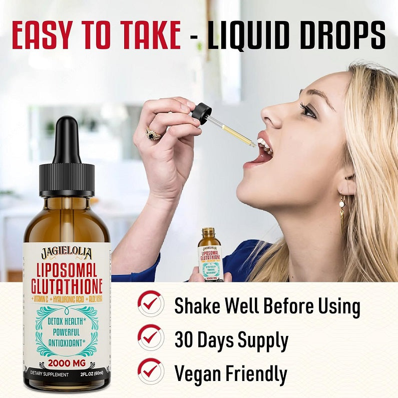 Liposomal glutathione liquid bottle with dropper, shown as easy liquid drops