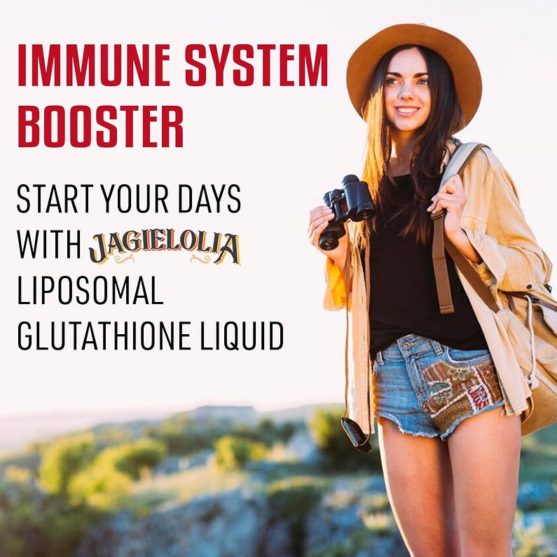 Liposomal glutathione liquid bottle held with black dropper, outdoor lifestyle