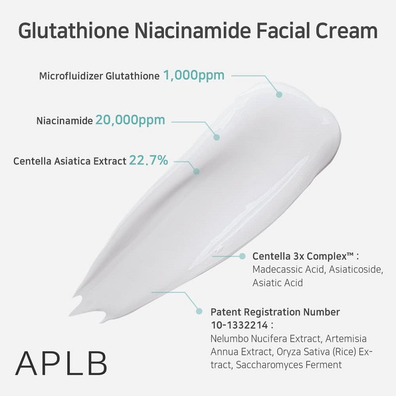 Glutathione niacinamide facial cream texture smear on a pale white background