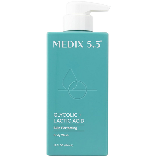 Medix 5.5 glycolic and lactic acid body wash bottle, teal, with white pump