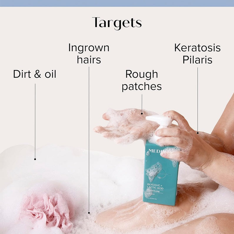 Medix 5.5 body wash bottle with pump dispensing foam over skin