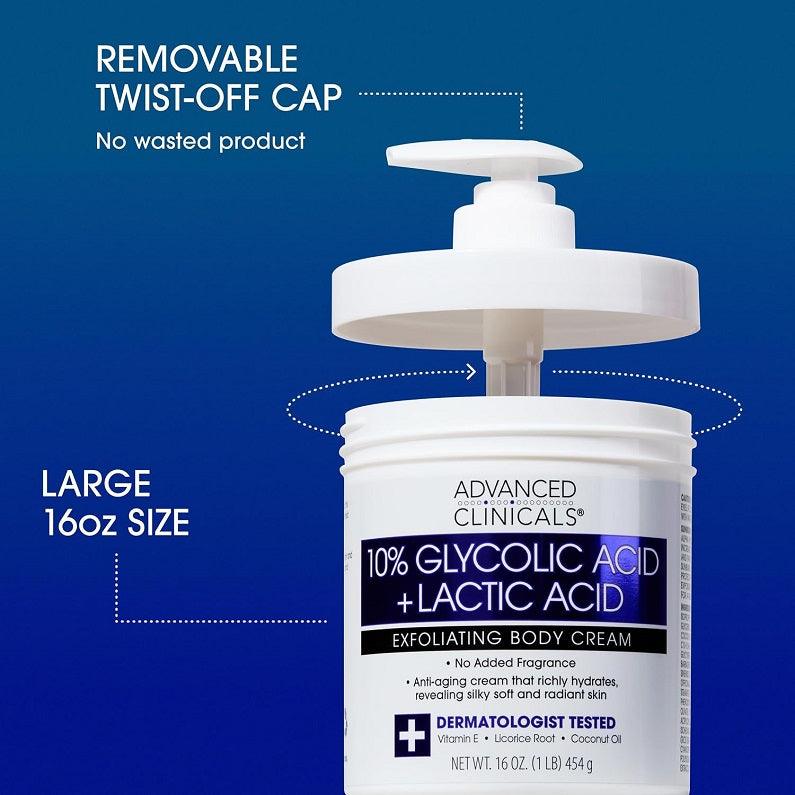 Advanced Clinicals 10% Glycolic Acid + Lactic Acid Body Cream 454g