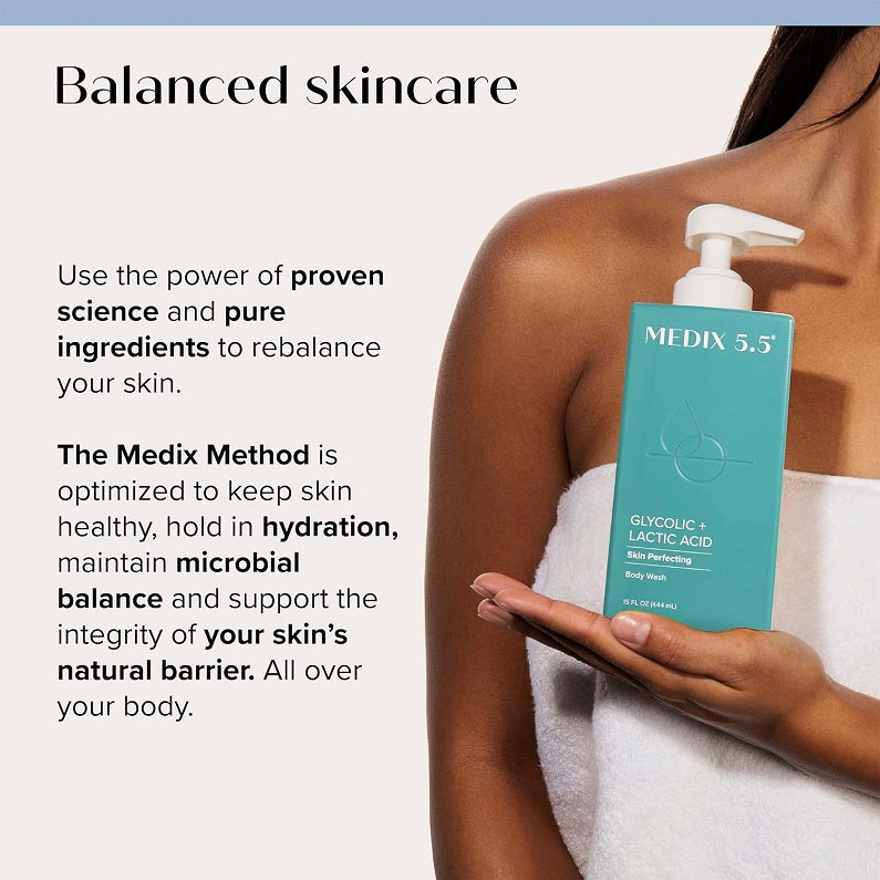 Medix 5.5 body wash bottle, teal with white pump, held over towel