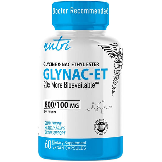 Nutri GlyNAC-ET supplement bottle, 60 vegan capsules, 800/100 mg Glycine & NAC