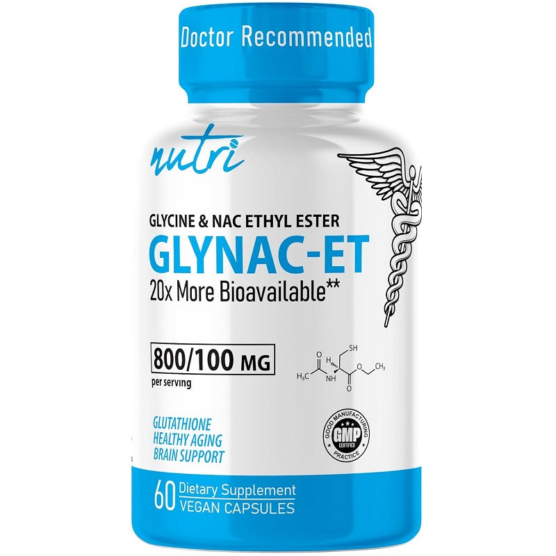 Nutri GlyNAC-ET supplement bottle, 60 vegan capsules, 800/100 mg Glycine & NAC