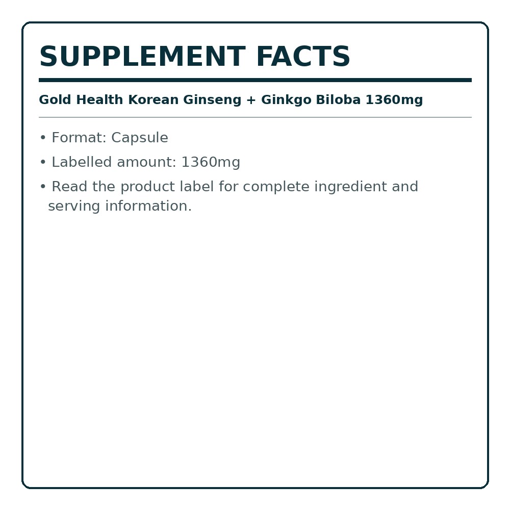 Supplement facts label for Gold Health ginseng + ginkgo, 1360mg capsules