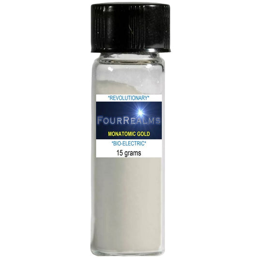 Four Realms monatomic gold Ormus powder vial, black cap, clear bottle, 15 g
