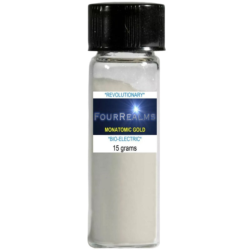 Four Realms monatomic gold Ormus powder vial, black cap, clear bottle, 15 g