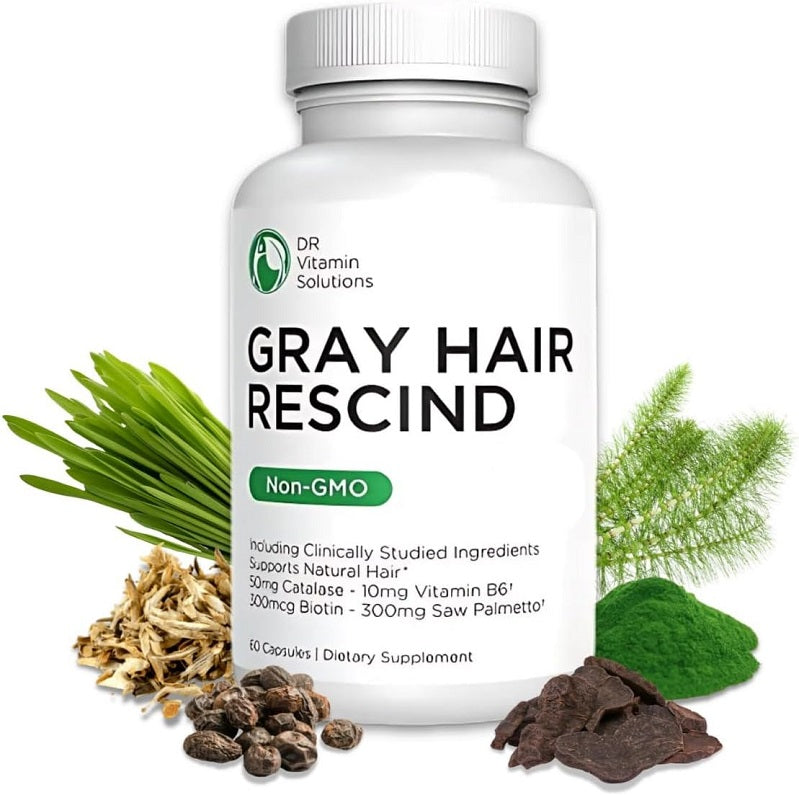 Gray Hair Rescind supplement bottle with herbs and brown seed-like ingredients