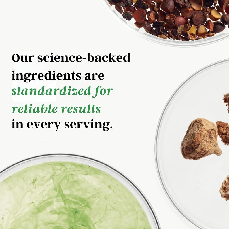 Gray Hair Rescind ingredient bowls with green and brown powders