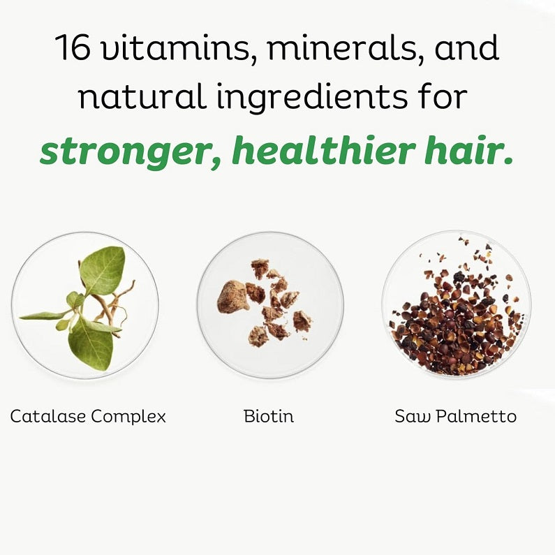 Gray Hair Rescind ingredient chart: catalase complex, biotin, saw palmetto