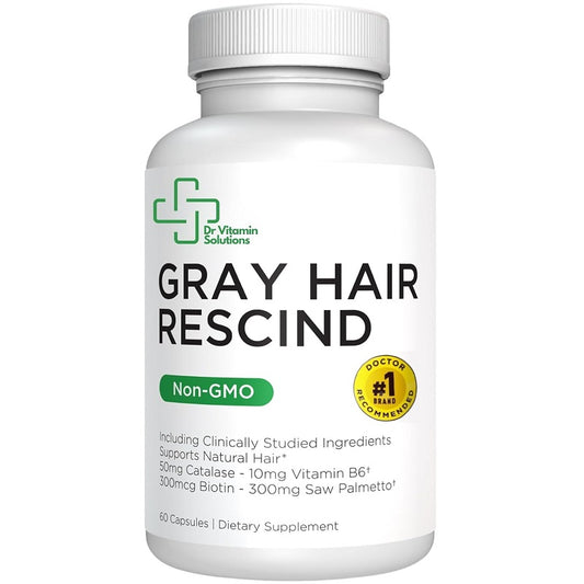 Gray Hair Rescind dietary supplement bottle with green Non-GMO label