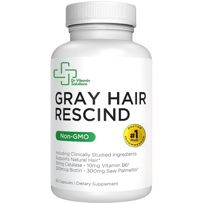 Gray Hair Rescind dietary supplement bottle with green Non-GMO label