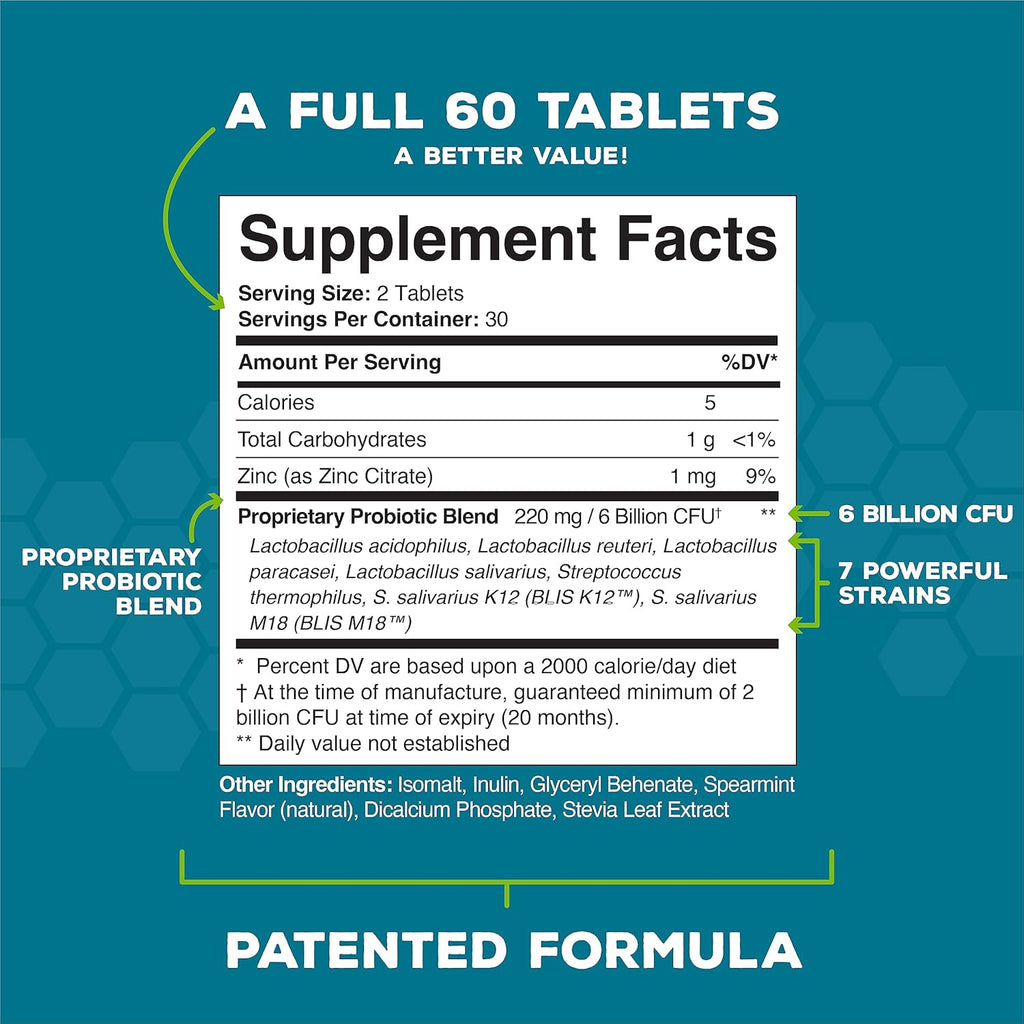 Oral probiotic dental supplement facts panel, 60 tablets, serving size 2