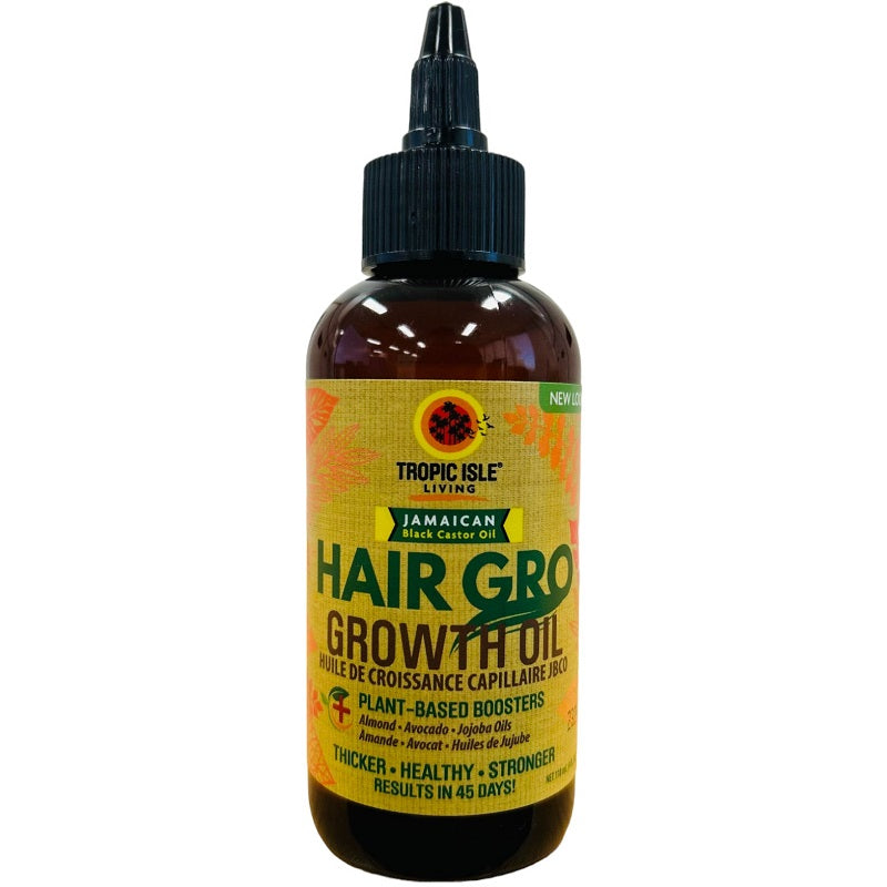 Tropic Isle Living Hair Gro hair growth oil, 118 ml, amber bottle with black dropper cap.