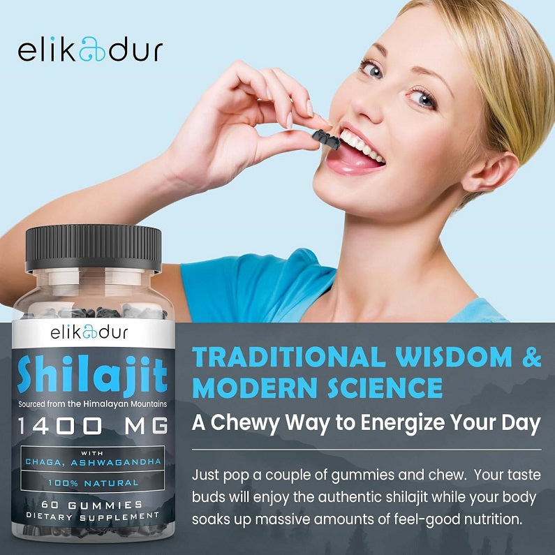 Elikadur shilajit gummies 1400 mg with chaga and ashwagandha, woman eating