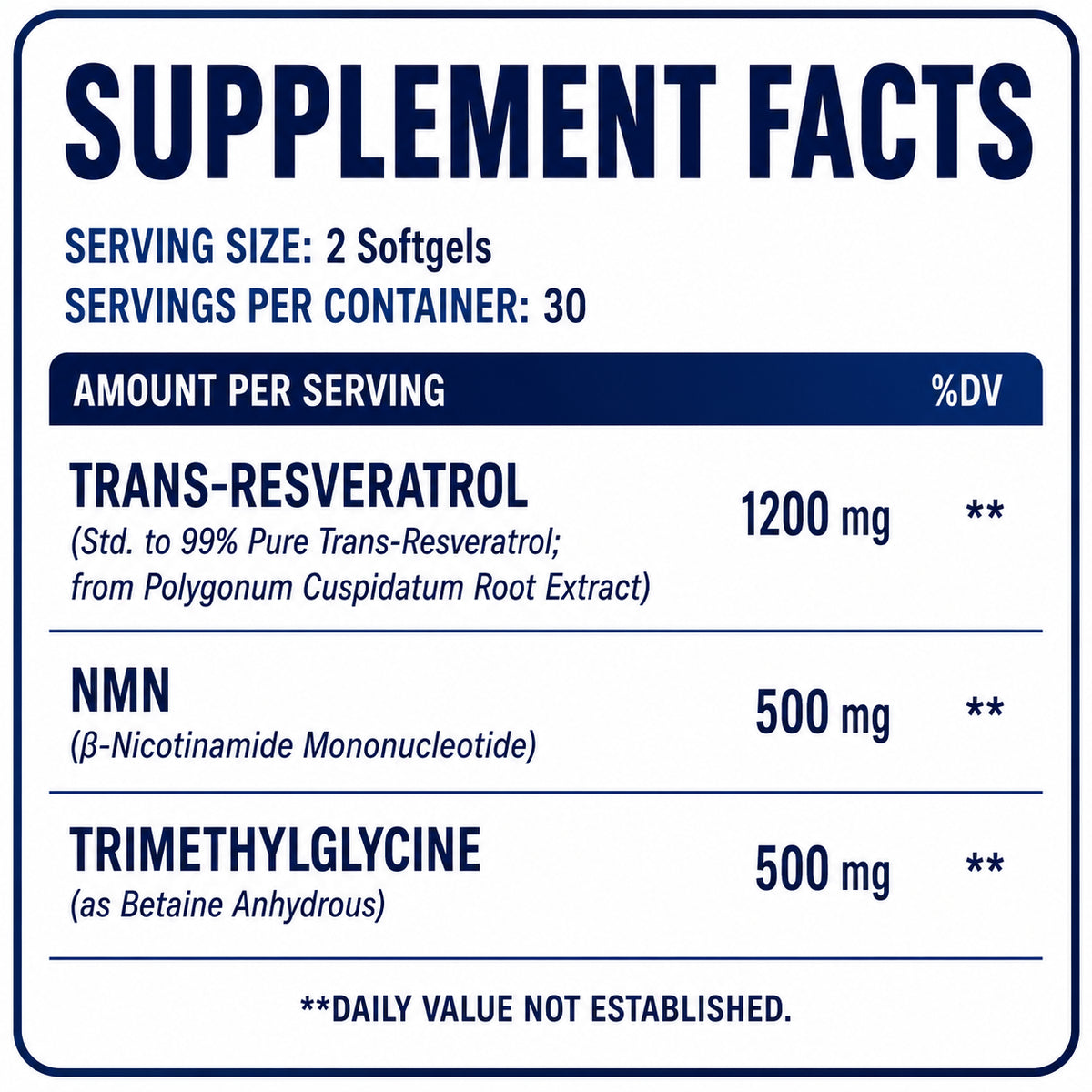 Supplement facts label showing trans-resveratrol, NMN, and TMG serving amounts