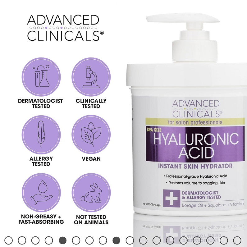 Hyaluronic acid skin hydrator jar with pump and label, dermatologist tested