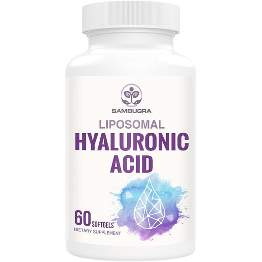 Liposomal hyaluronic acid dietary supplement bottle, white with purple label, 60 softgels