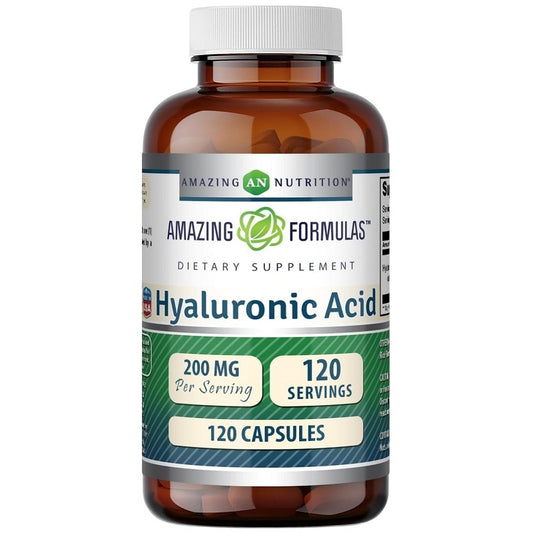 Amazing Nutrition hyaluronic acid supplement bottle, 200 mg, 120 capsules