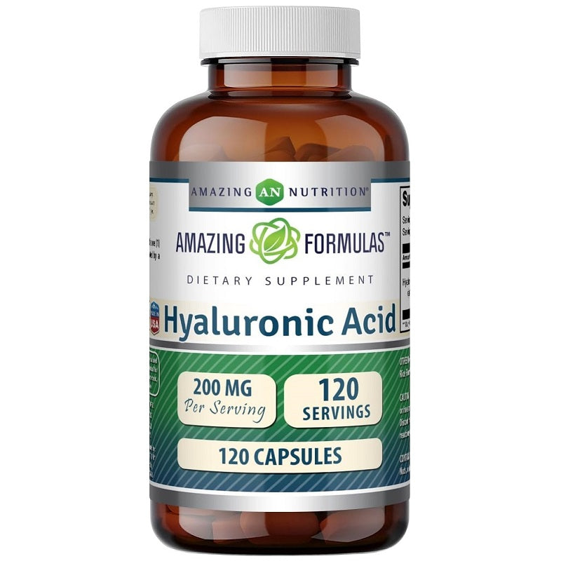 Amazing Nutrition hyaluronic acid supplement bottle, 200 mg, 120 capsules