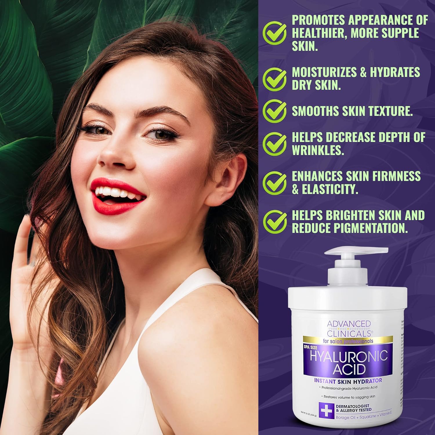 Hyaluronic acid skin hydrator jar with pump on skincare benefits background