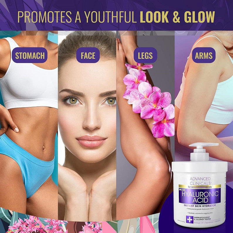 Hyaluronic acid skin hydrator jar with pump beside face, arms, and legs graphic