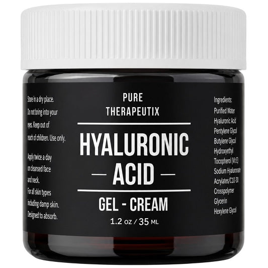 Hyaluronic acid gel-cream jar, 1.2 oz (35 mL), with white ribbed lid and black label