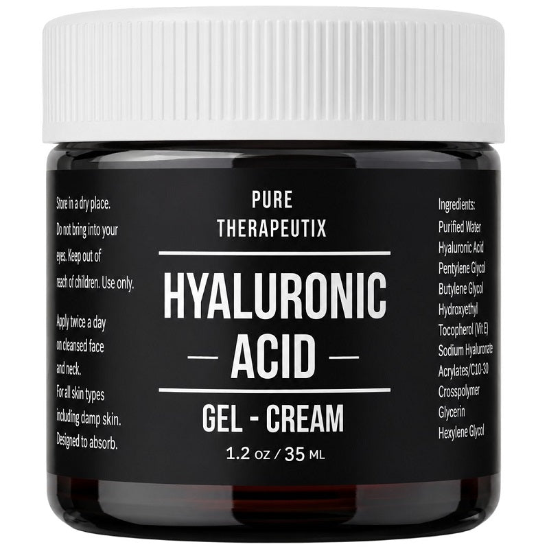 Hyaluronic acid gel-cream jar, 1.2 oz (35 mL), with white ribbed lid and black label
