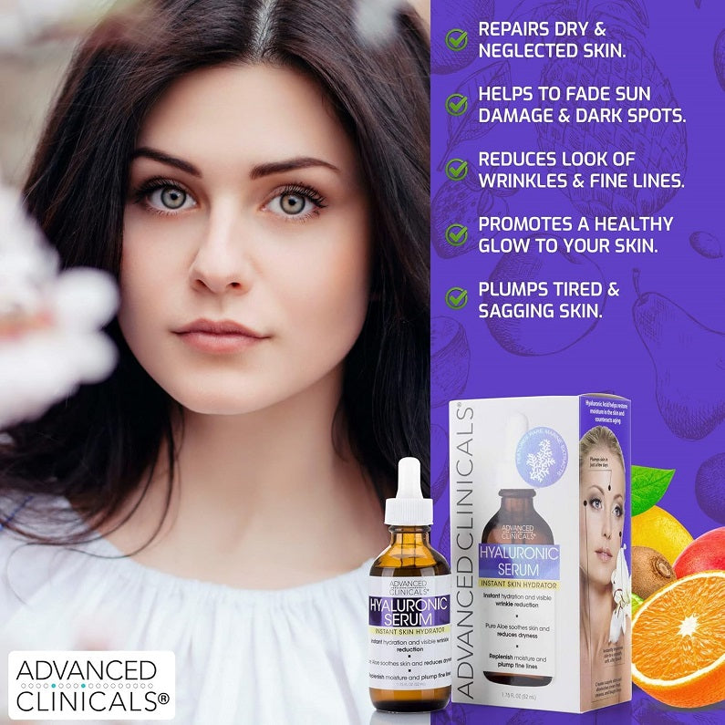 Hyaluronic serum dropper bottle with box, beside a woman portrait