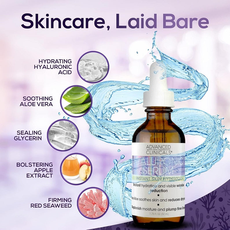 Hyaluronic serum bottle with blue splash and ingredient icons