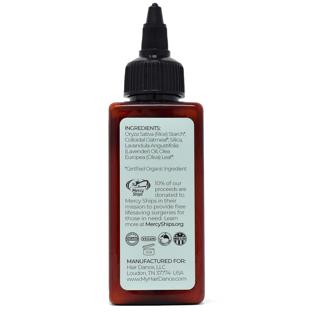 Amber dry shampoo bottle with black dropper cap, front label visible