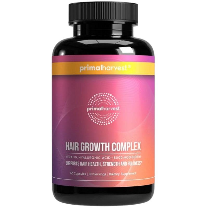 Primal Harvest Hair Growth Complex supplement bottle with purple label, black cap.