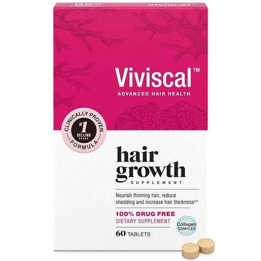 Viviscal hair growth supplement box, 60 tablets, pink and white package