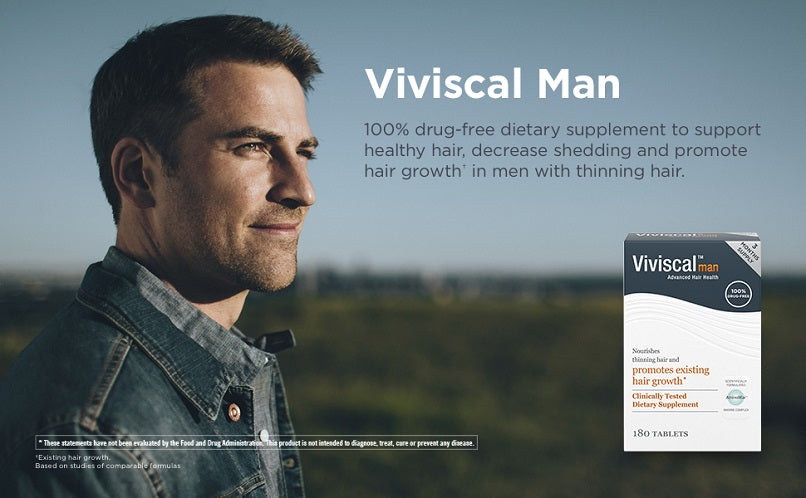 Man beside hair supplement box, 100% drug-free dietary supplement claim