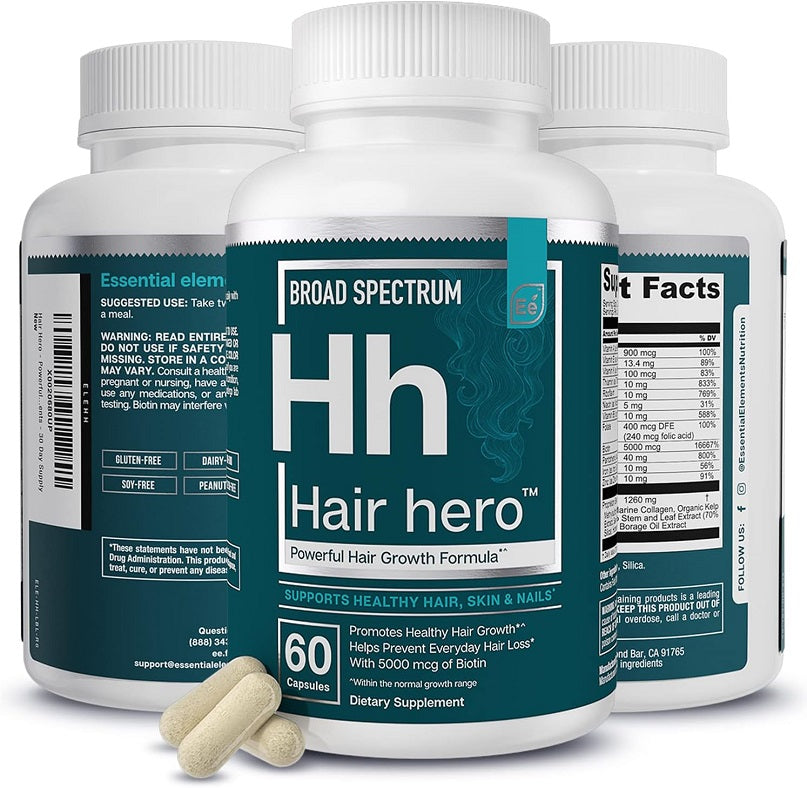 Hair growth supplement bottle set with teal front label and 60 capsules