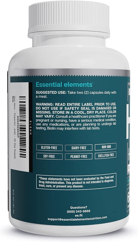 Hair growth supplement bottle back label with gluten-free and dairy-free icons
