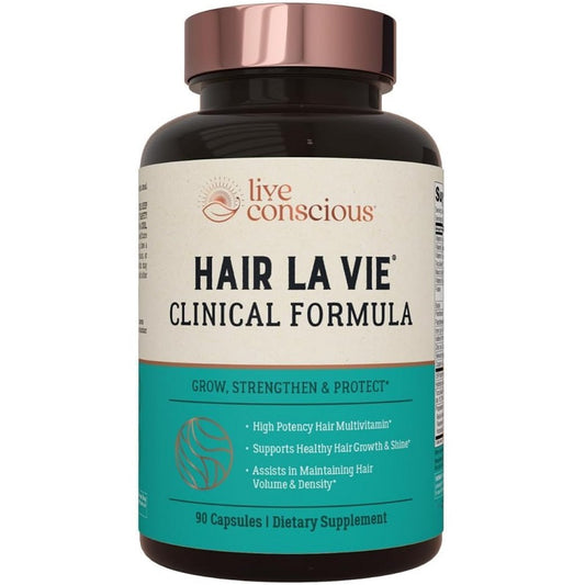 Live Conscious hair supplement bottle with teal label, rose-gold cap, 90 capsules