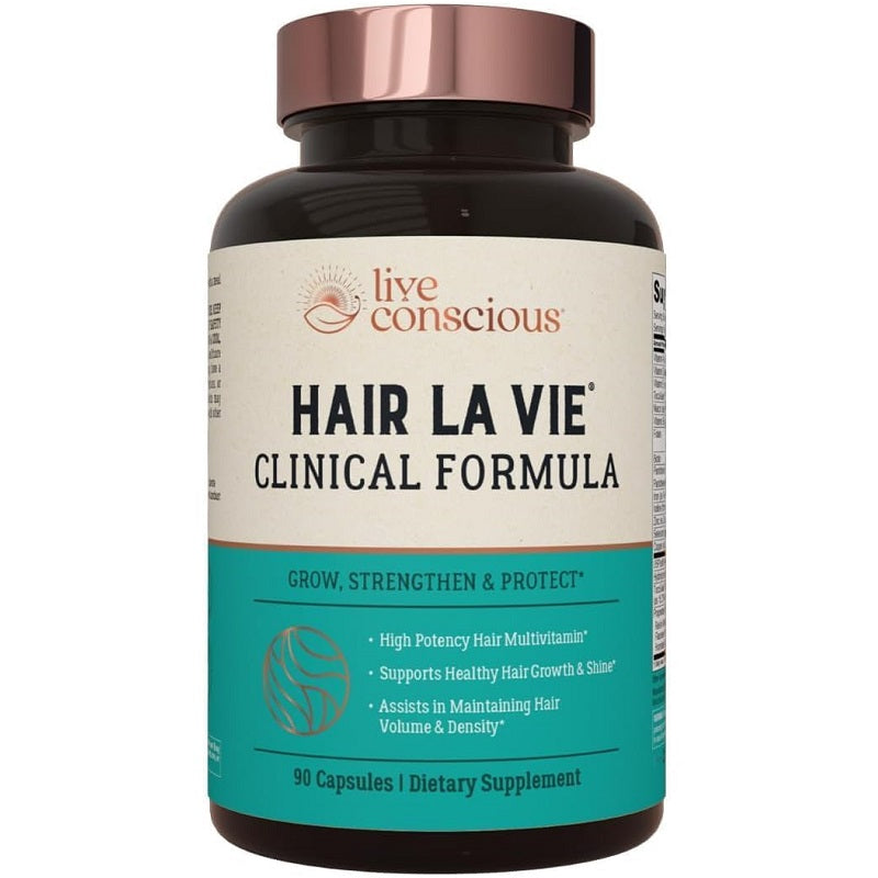 Live Conscious hair supplement bottle with teal label, rose-gold cap, 90 capsules